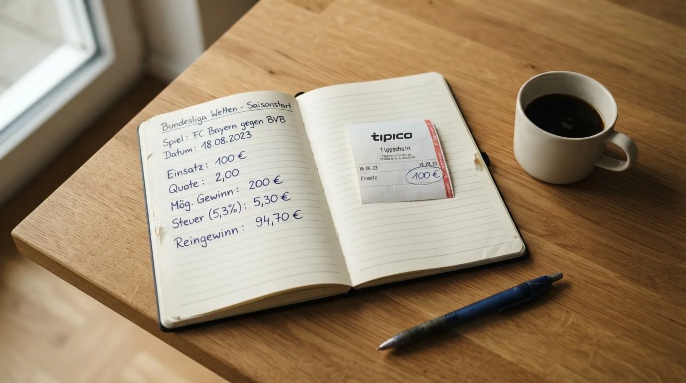 Ein Notizbuch mit handschriftlichen Rechnungen und ein Taschenrechner liegen auf einem Schreibtisch neben einer Tasse Kaffee im Licht des frühen Morgens.