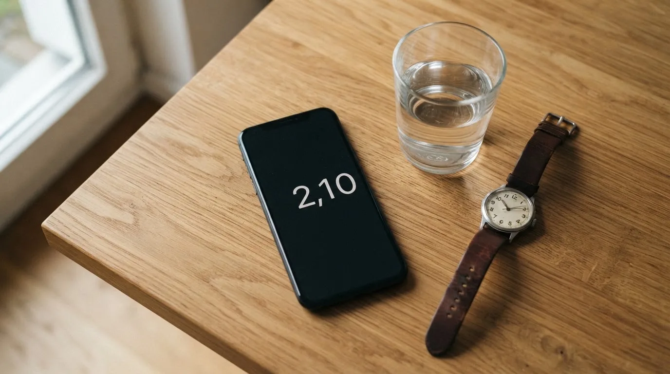 Ein Smartphone liegt mit dem Display nach unten auf einem Küchentisch, daneben stehen ein Glas Wasser und eine Armbanduhr.