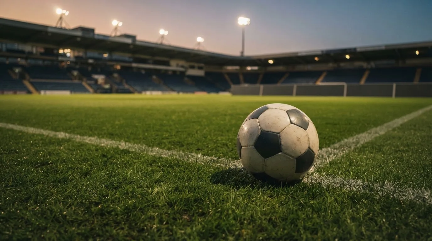 Ein Fußball liegt auf dem Rasen eines leeren Platzes, im Hintergrund ein Stadion unter Flutlicht in der Abenddämmerung.