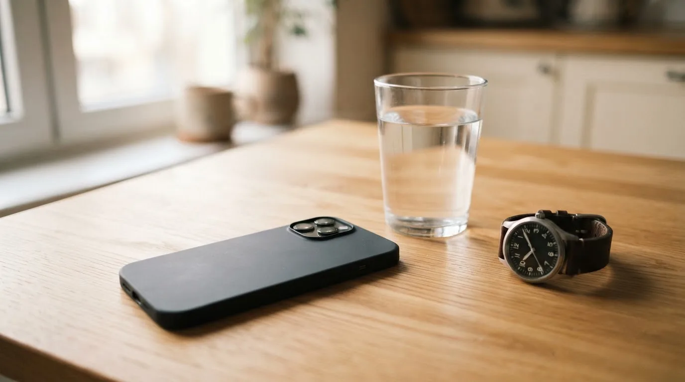 Ein Smartphone liegt mit dem Display nach unten auf einem Küchentisch, daneben stehen ein Glas Wasser und eine Armbanduhr.