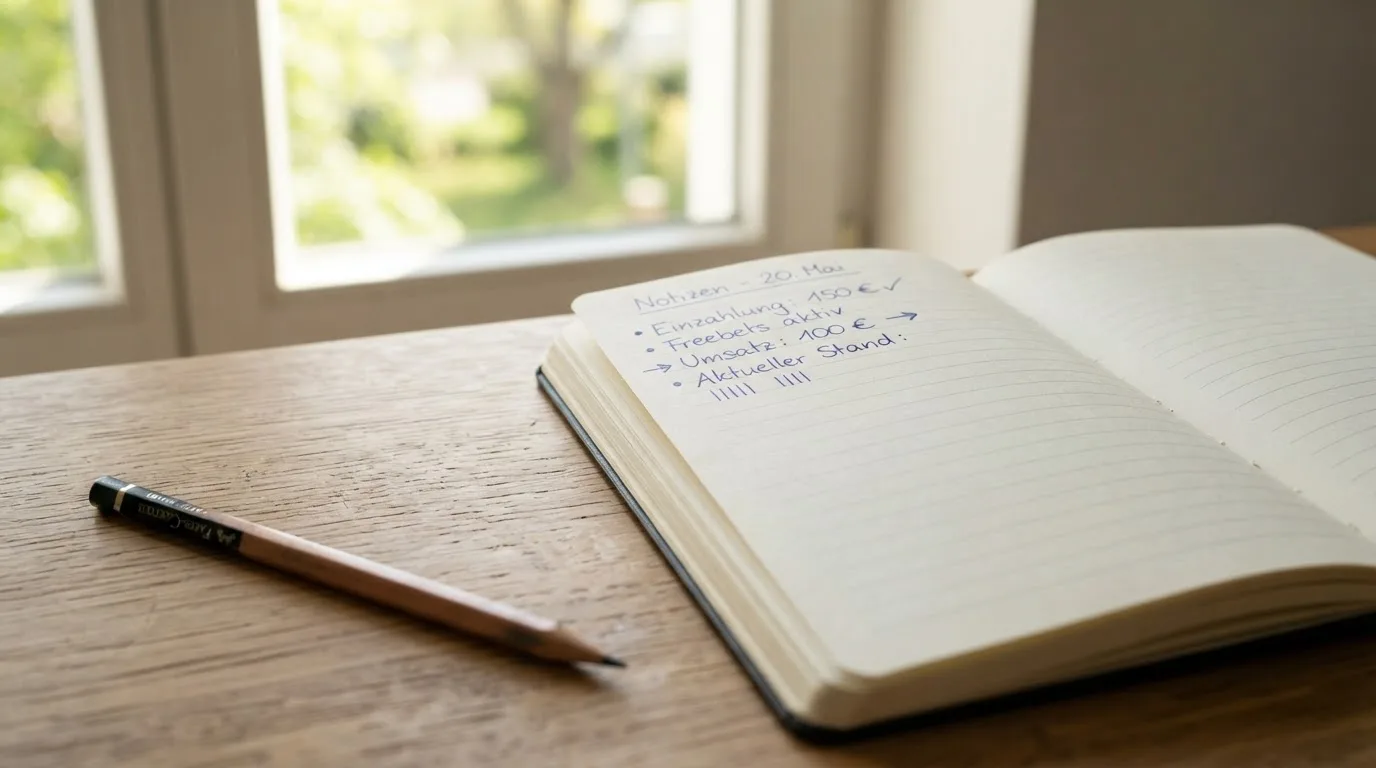Ein Notizbuch mit handschriftlichen Notizen und ein Bleistift liegen auf einem Schreibtisch am Fenster, draußen fällt Morgenlicht herein.