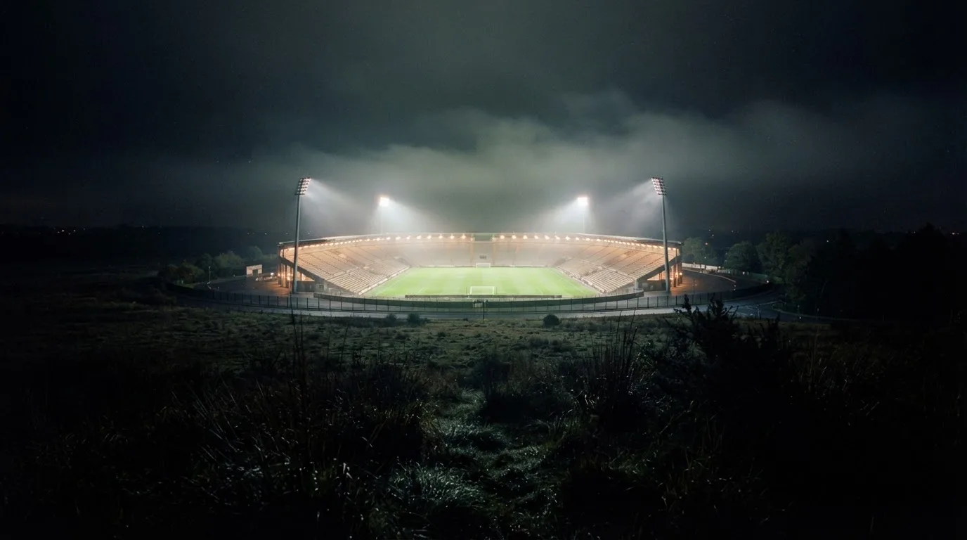Ein Stadion unter Flutlicht, aus großer Entfernung über eine dunkle Wiese fotografiert, am Himmel zieht Nebel auf.