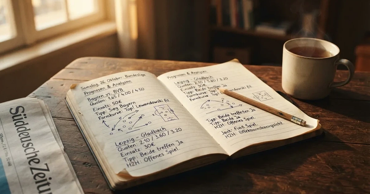 Ein Notizbuch mit handschriftlichen Notizen und Pfeilen liegt aufgeschlagen auf einem Schreibtisch, daneben ein Bleistift und eine Tasse Tee.