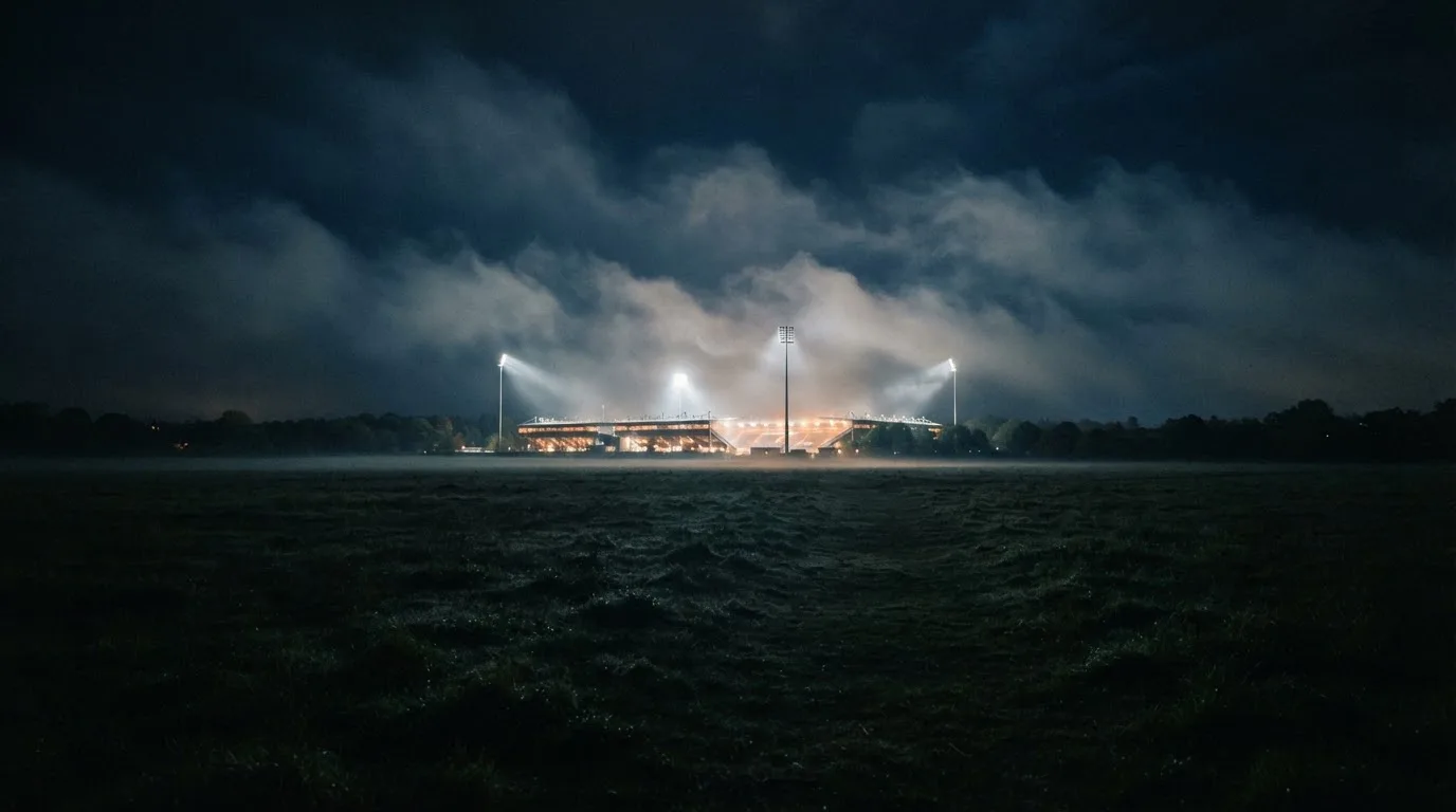 Ein Stadion unter Flutlicht, aus großer Entfernung über eine dunkle Wiese fotografiert, am Himmel zieht Nebel auf.