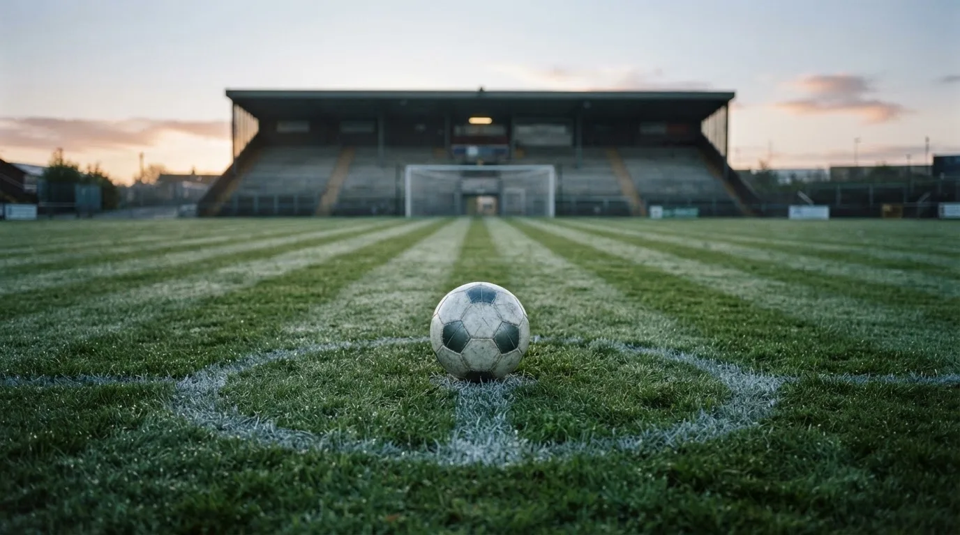 Ein Fußball liegt auf dem Anstoßpunkt eines leeren Rasenplatzes in der Morgendämmerung, im Hintergrund eine leere Tribüne.