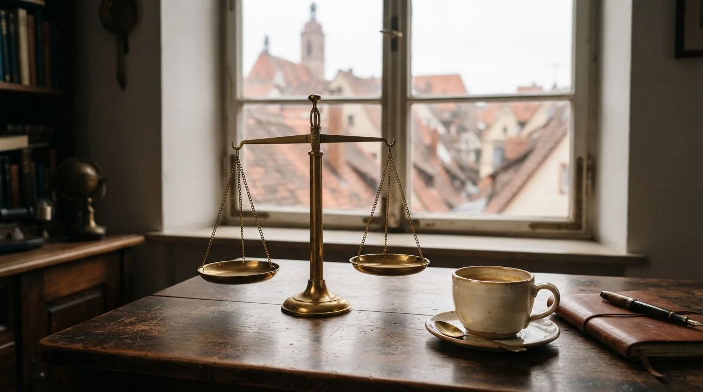 Eine Messingwaage steht auf einem dunklen Holzschreibtisch neben einer Kaffeetasse, im Hintergrund ein Fenster mit Blick auf Dächer.