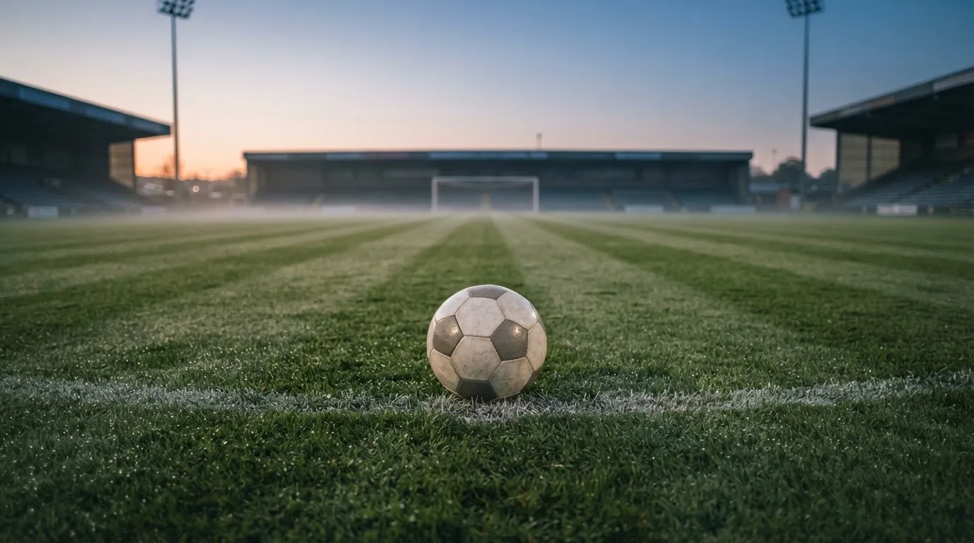 Ein Fußball ruht auf dem Mittelkreis eines leeren Rasenplatzes in der Morgendämmerung, Tau liegt auf dem Gras.