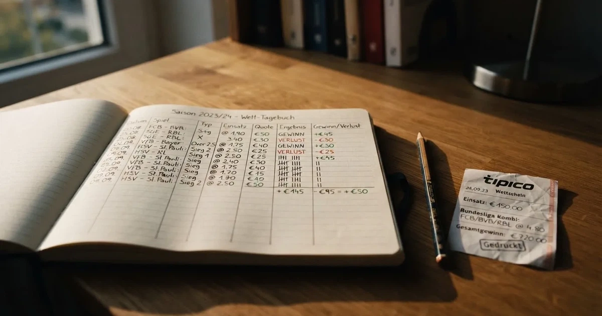 Ein Notizbuch mit handschriftlichen Spalten und Strichlisten liegt neben einem Taschenrechner und einem Bleistift auf einem Schreibtisch.