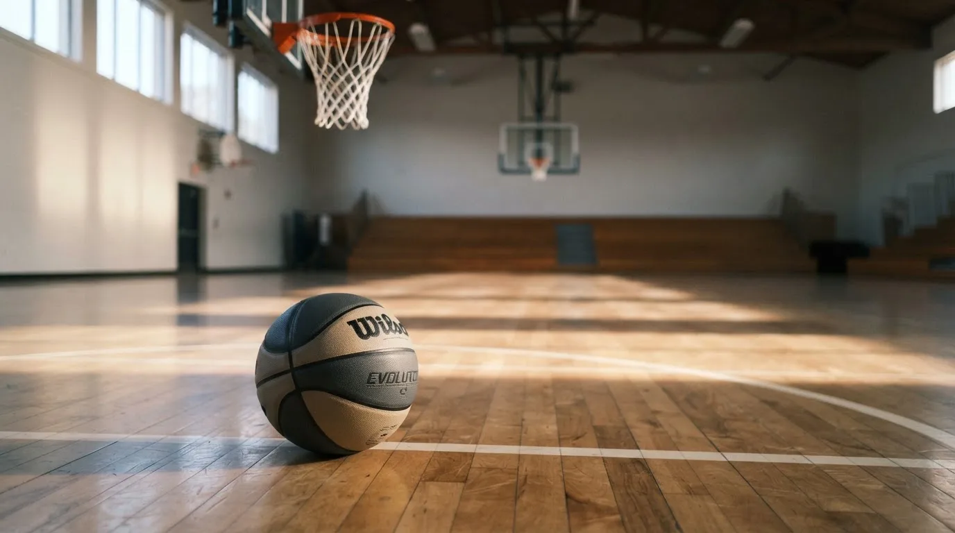 Ein Basketball liegt auf dem Hallenboden unter einem Korb, das Netz hängt ruhig, Morgenlicht fällt durch hohe Fenster.