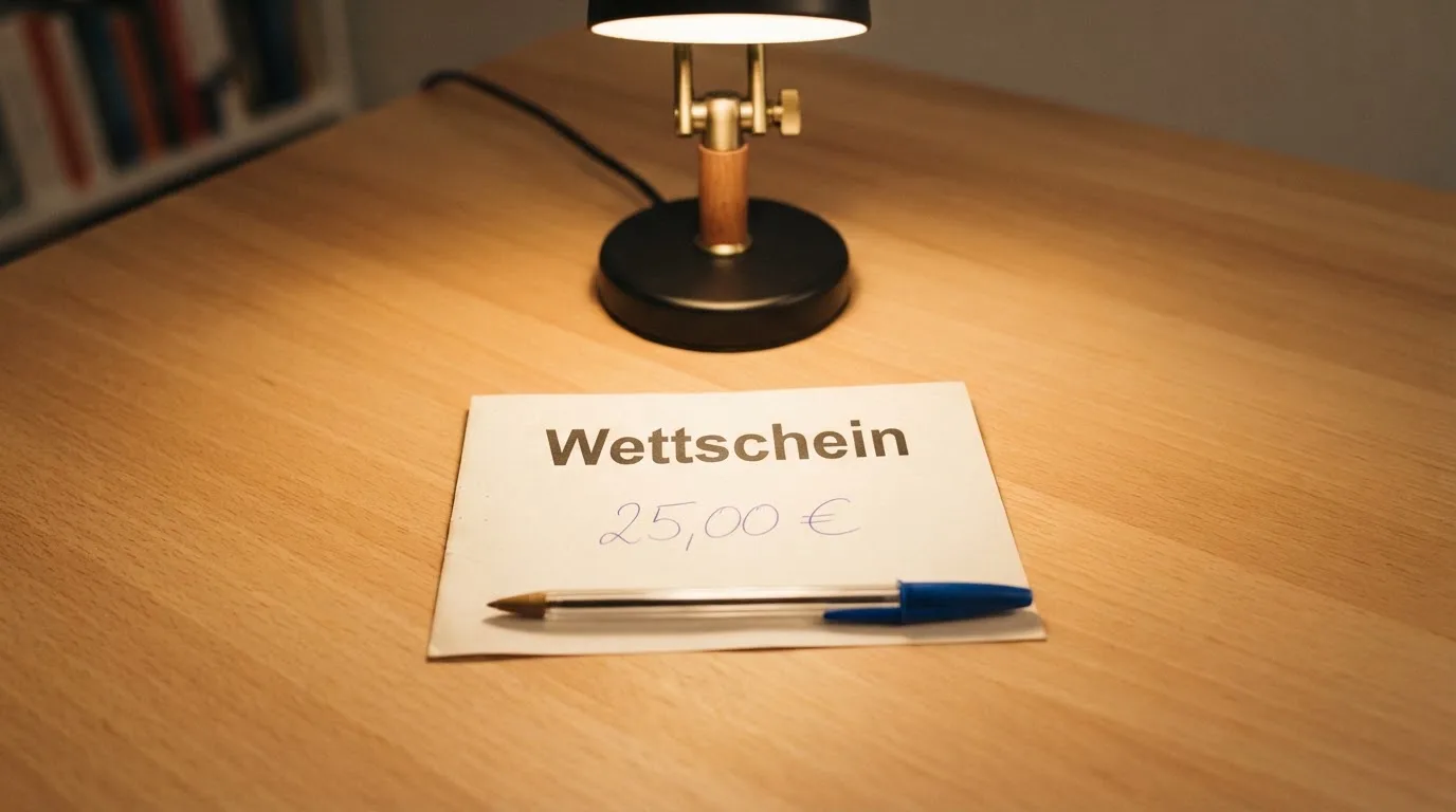 Ein leerer Wettschein aus Papier und ein Kugelschreiber liegen auf einer Tischplatte neben einer kleinen Tischlampe.