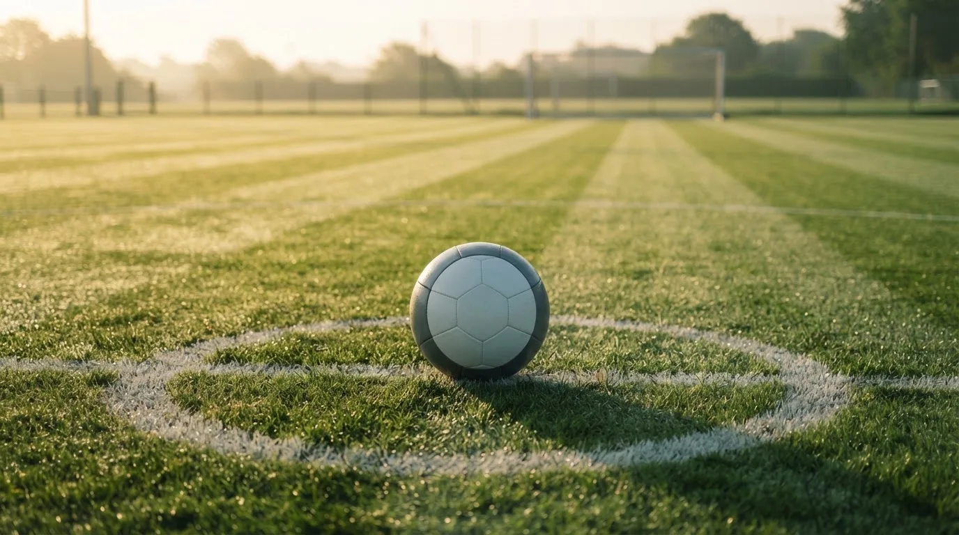 Ein Fußball liegt auf dem Anstoßkreis eines leeren Rasenplatzes im Licht der Morgensonne.