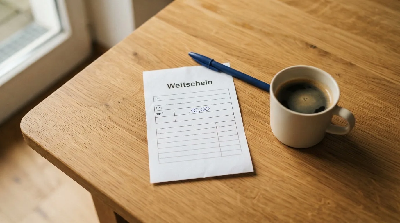 Ein leerer Wettschein aus Papier liegt neben einem Kugelschreiber und einer Tasse auf einem hellen Holztisch.