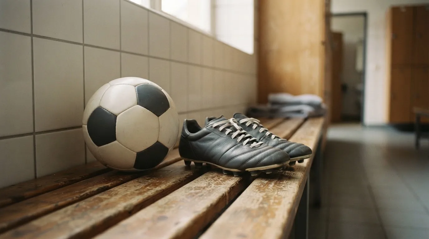 Ein Fußball liegt neben einem Paar Fußballschuhen ohne Markenzeichen auf einer Holzbank in einer leeren Umkleide.