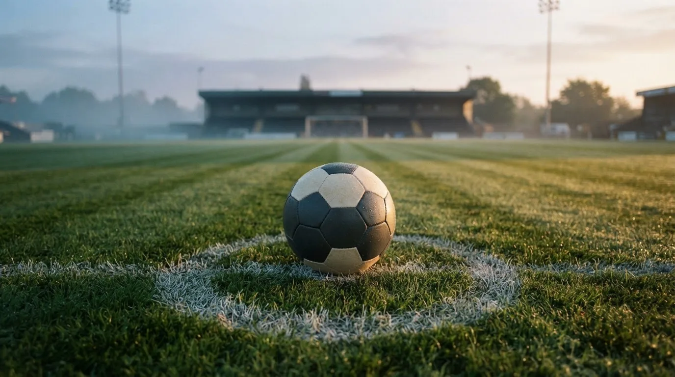 Ein Fußball liegt auf dem Anstoßpunkt eines leeren Rasenplatzes in der Morgendämmerung, im Hintergrund eine leere Tribüne.