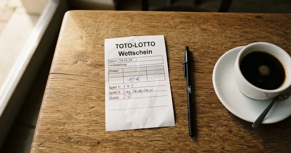 Ein leerer Wettschein aus Papier liegt neben einem Kugelschreiber und einer Tasse Kaffee auf einem Tisch, Aufnahme von oben.