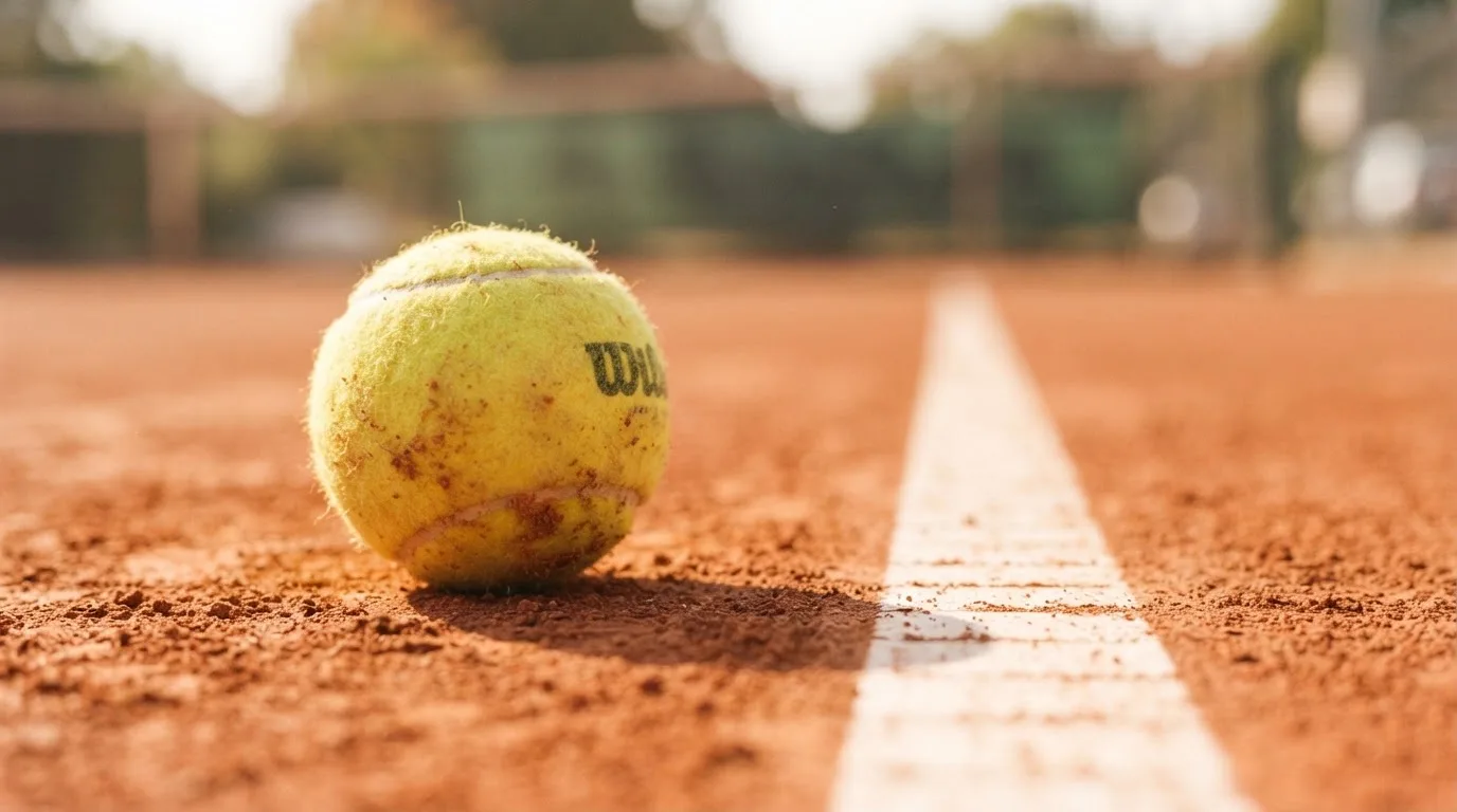 Ein einzelner Tennisball liegt auf rotem Sand neben einer weißen Linie, geringe Schärfentiefe.