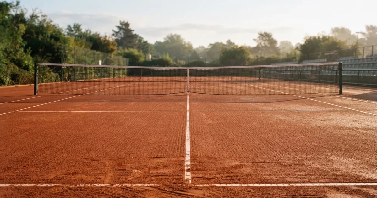 Ein Sandplatz im frühen Morgenlicht, frisch gewalzt, mit weißen Linien und einem Netz im Hintergrund, keine Menschen.