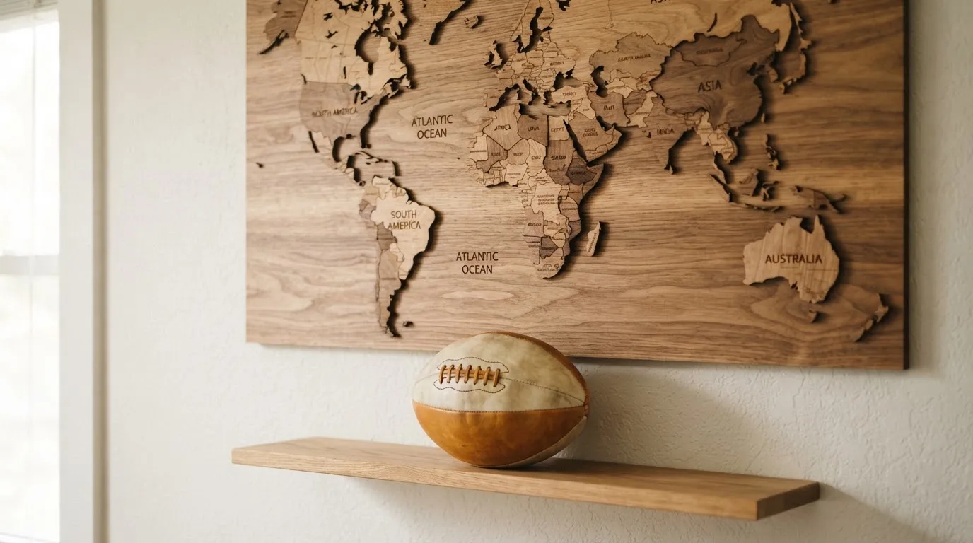 Eine Weltkarte aus Holz hängt an einer Wand, davor liegt ein Fußball auf einem Regal, ohne erkennbare Beschriftung.