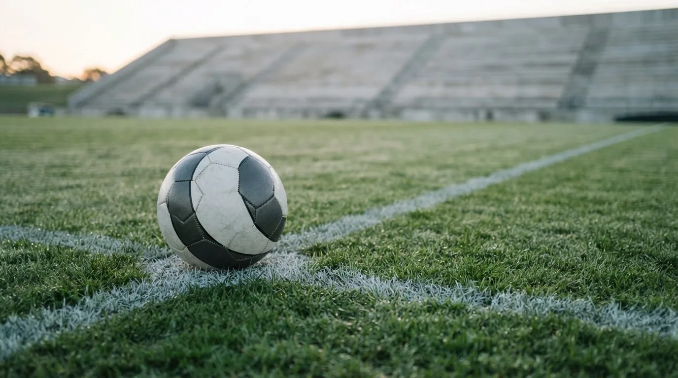 Ein Fußball liegt auf dem Anstoßpunkt eines leeren Rasenplatzes im frühen Morgenlicht, dahinter eine leere Tribüne.