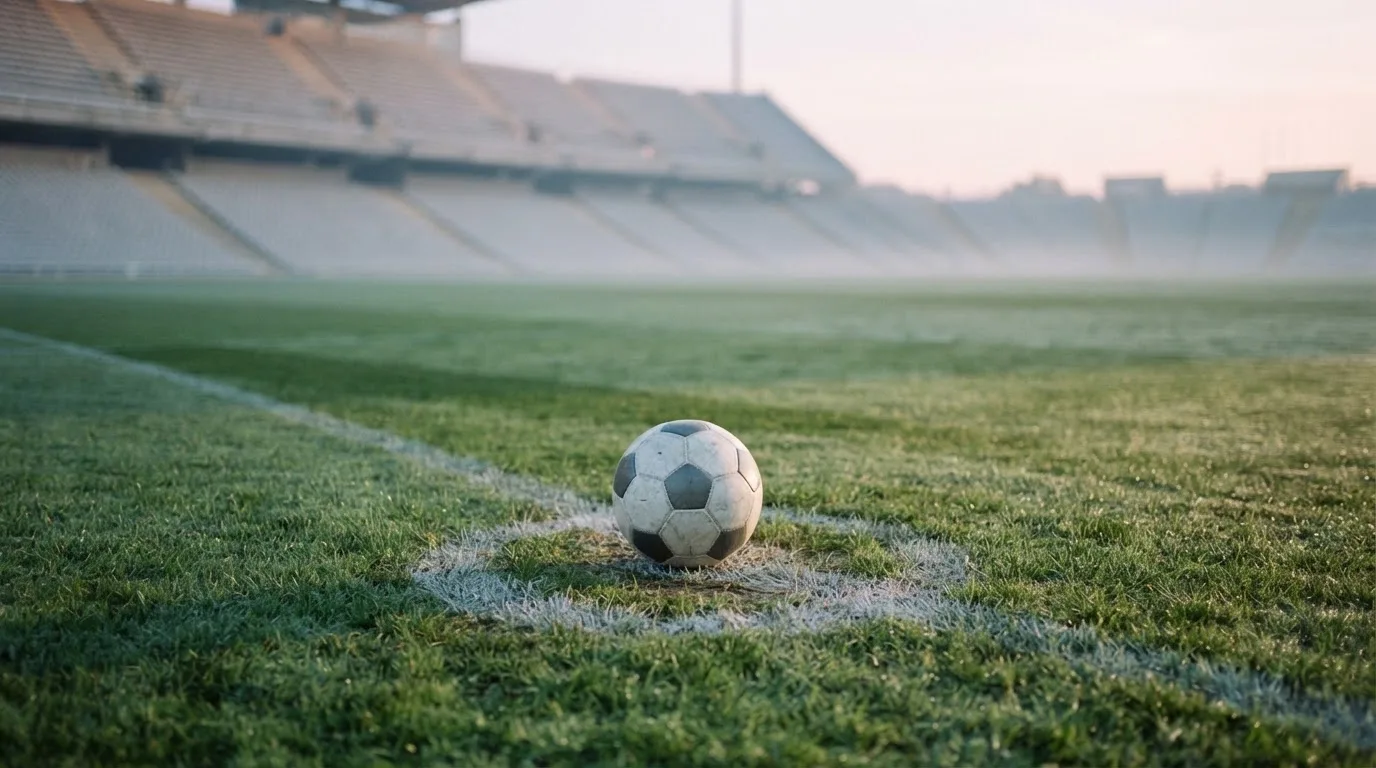 Ein Fußball liegt auf dem Anstoßpunkt eines leeren Rasenplatzes im frühen Morgenlicht, dahinter eine leere Tribüne.