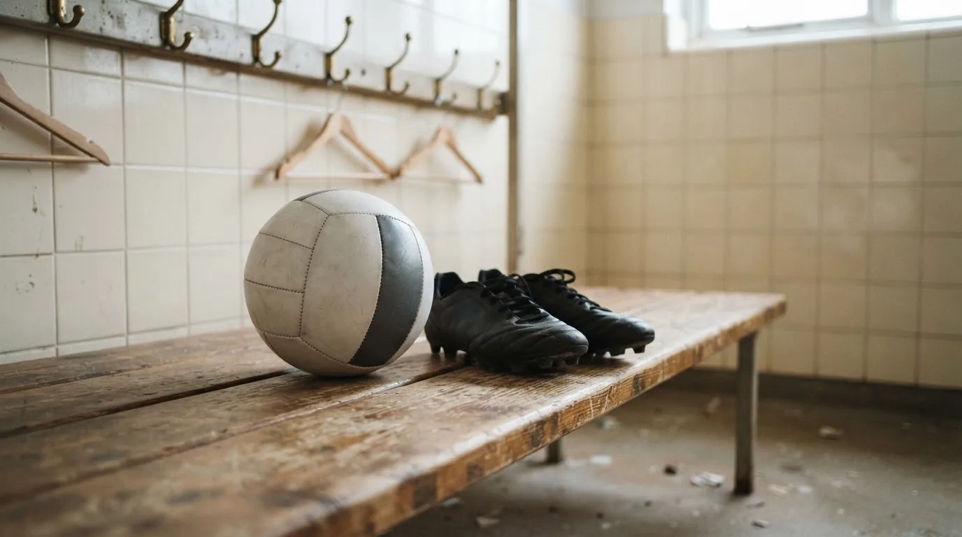 Ein Fußball liegt auf einer Holzbank in einer leeren Umkleide neben einem Paar Fußballschuhen ohne Markenzeichen.