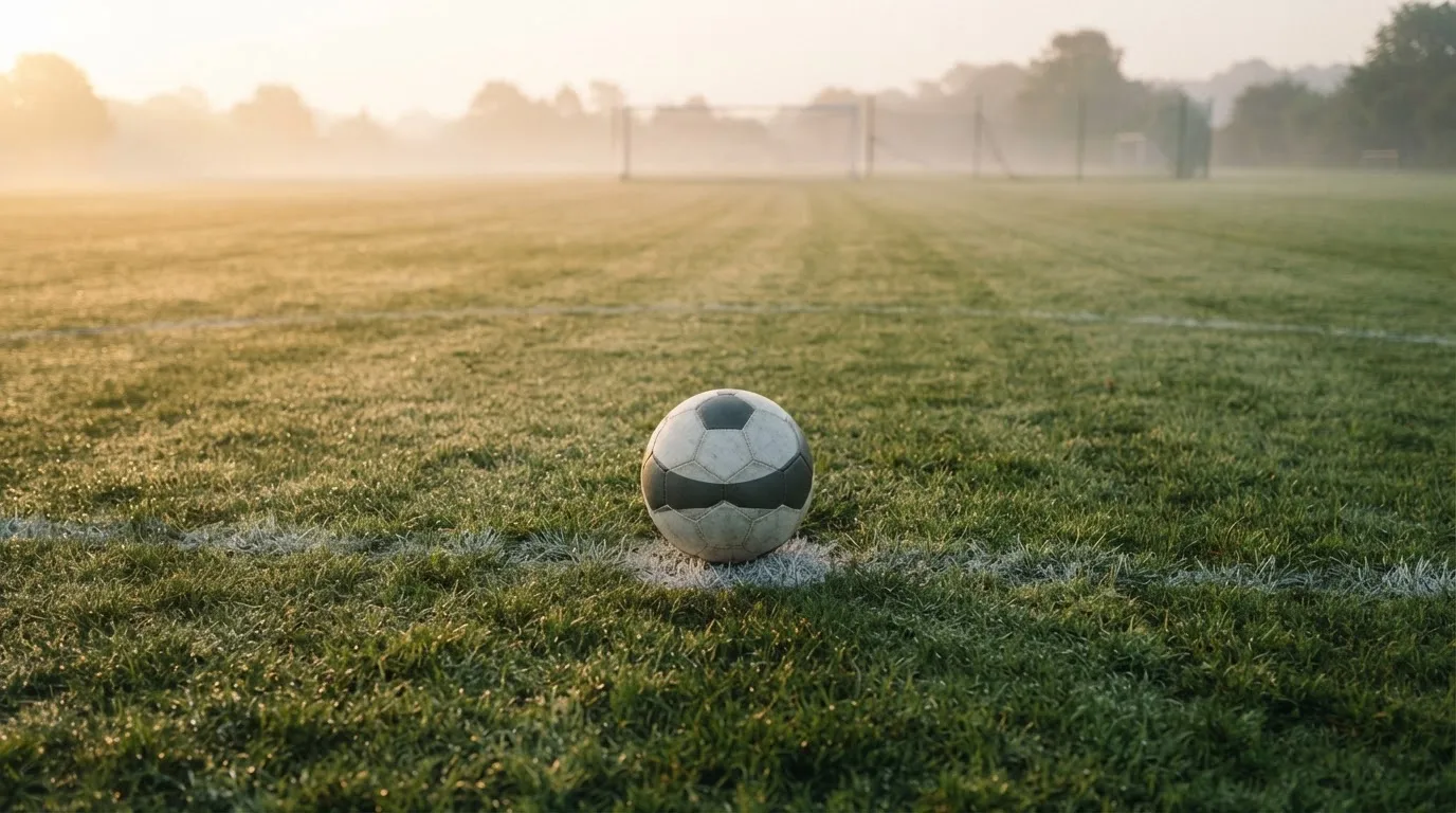 Ein Fußball ruht auf dem Mittelkreis eines leeren Rasenplatzes in der Morgendämmerung, Tau liegt auf dem Gras.
