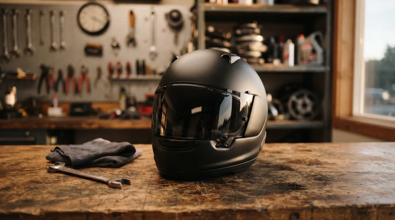 Ein schwarzer Motorradhelm ohne Aufdruck liegt auf einer Werkbank neben einem Schraubenschlüssel, warmes Licht einer Werkstatt.