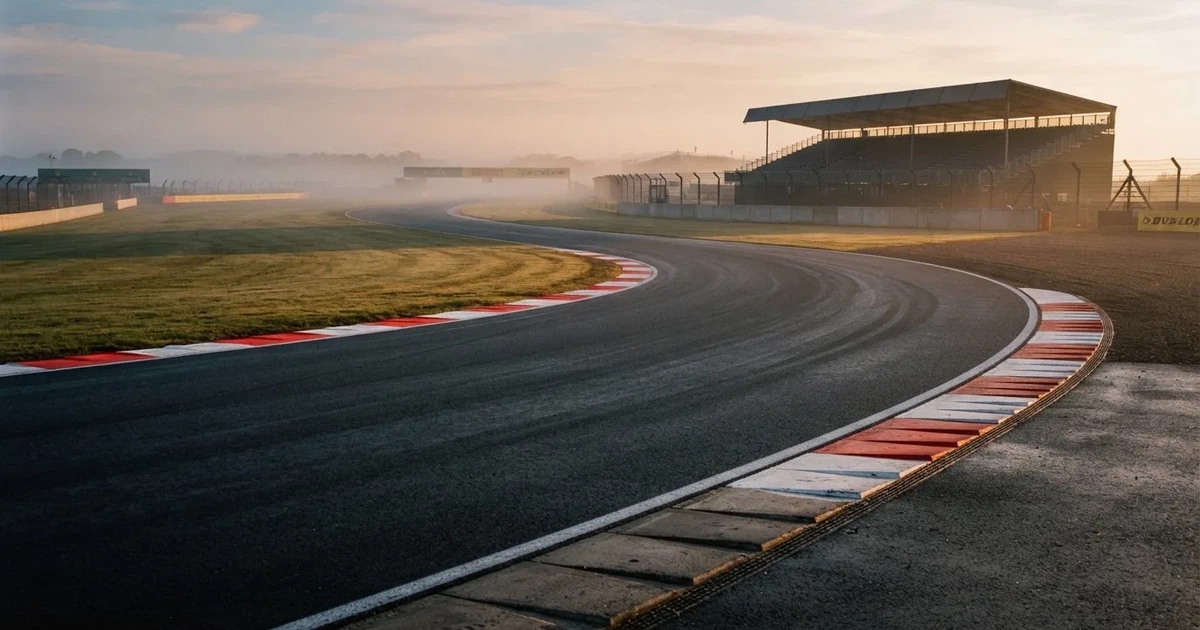 Eine leere Rennstrecke mit rot-weißen Randsteinen im frühen Morgenlicht, auf dem Asphalt liegt dünner Nebel, keine Fahrzeuge.