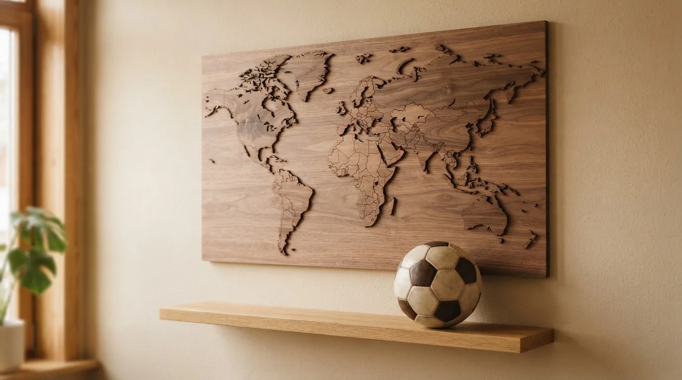Eine Weltkarte aus Holz hängt an einer Wand, davor liegt ein Fußball auf einem Regal, ohne erkennbare Beschriftung.