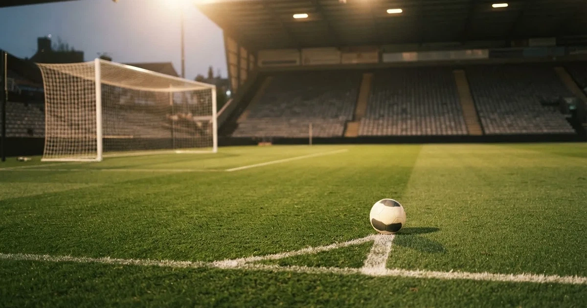 Ein Fußballplatz mit frisch gemähtem Rasen im Abendlicht, ein Ball liegt im Strafraum, im Hintergrund unscharf eine leere Tribüne.