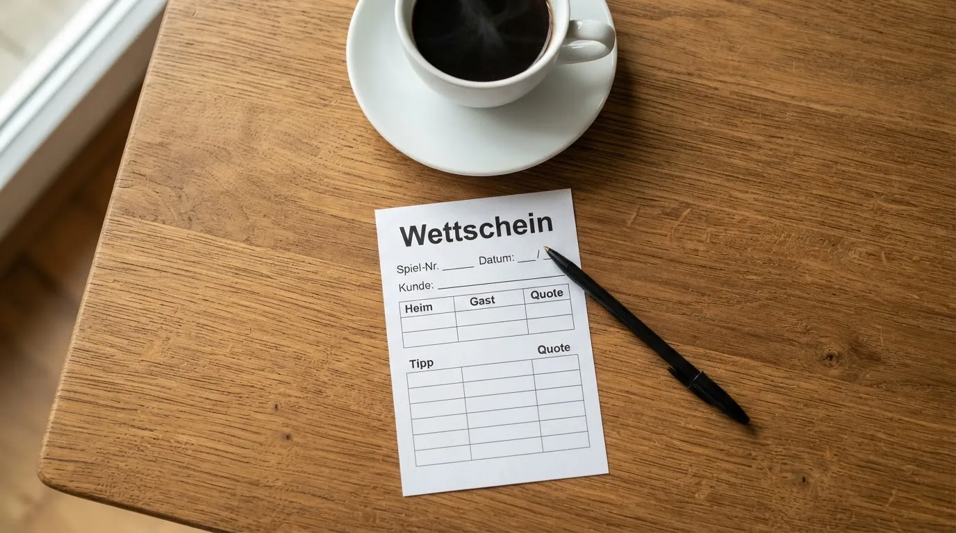 Ein leerer Wettschein aus Papier liegt neben einem Kugelschreiber und einer Tasse Kaffee auf einem Holztisch, Aufnahme von oben.