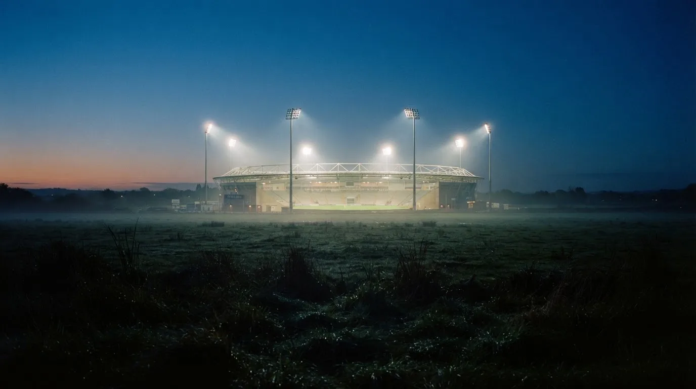 Ein großes Stadion unter Flutlicht, aus der Ferne über eine dunkle Wiese gesehen, die Lichtmasten spiegeln sich im Dunst der Abenddämmerung.