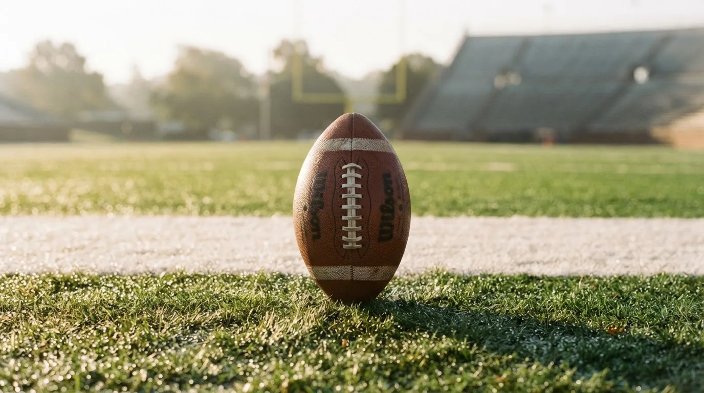 Ein ovaler Lederball mit heller Schnürung liegt auf dem Rasen vor der Endzone, Tau auf dem Gras im ersten Morgenlicht.