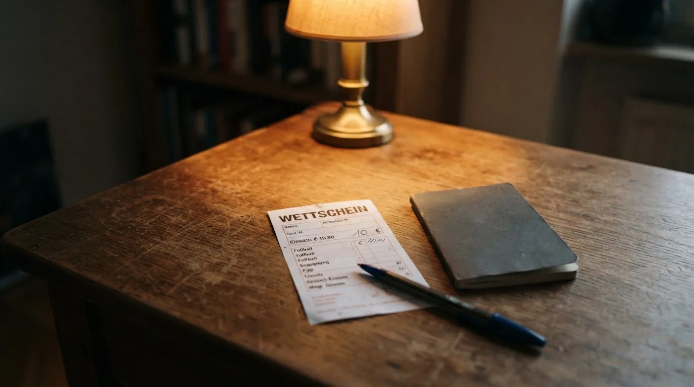 Ein leerer Papierwettschein, ein Kugelschreiber und ein Taschenrechner liegen auf einem Holztisch, warmes Licht einer Schreibtischlampe.