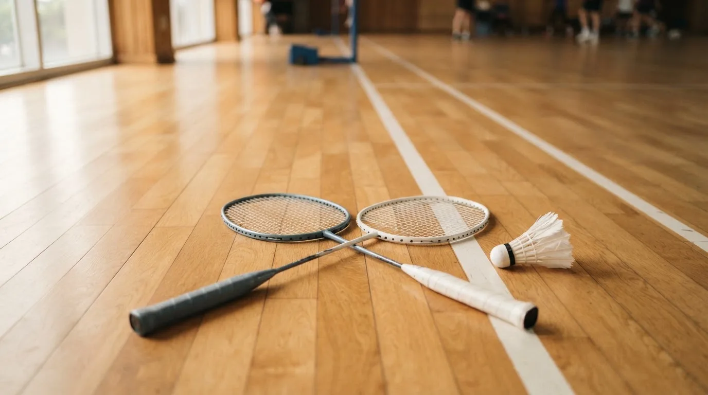 Zwei Badmintonschläger und ein Federball liegen auf einem Holzboden neben der Seitenlinie, weiches Licht fällt von der Seite ein.