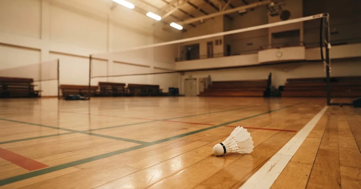 Eine leere Badmintonhalle mit gespanntem Netz und hellen Hallenlichtern, ein Federball liegt auf dem Hallenboden.