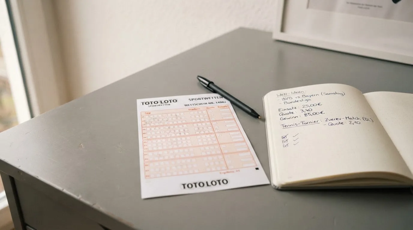 Ein leerer Papierwettschein und ein Kugelschreiber auf einer glatten Schreibtischplatte, daneben ein aufgeschlagenes Notizbuch mit handschriftlichen Notizen.