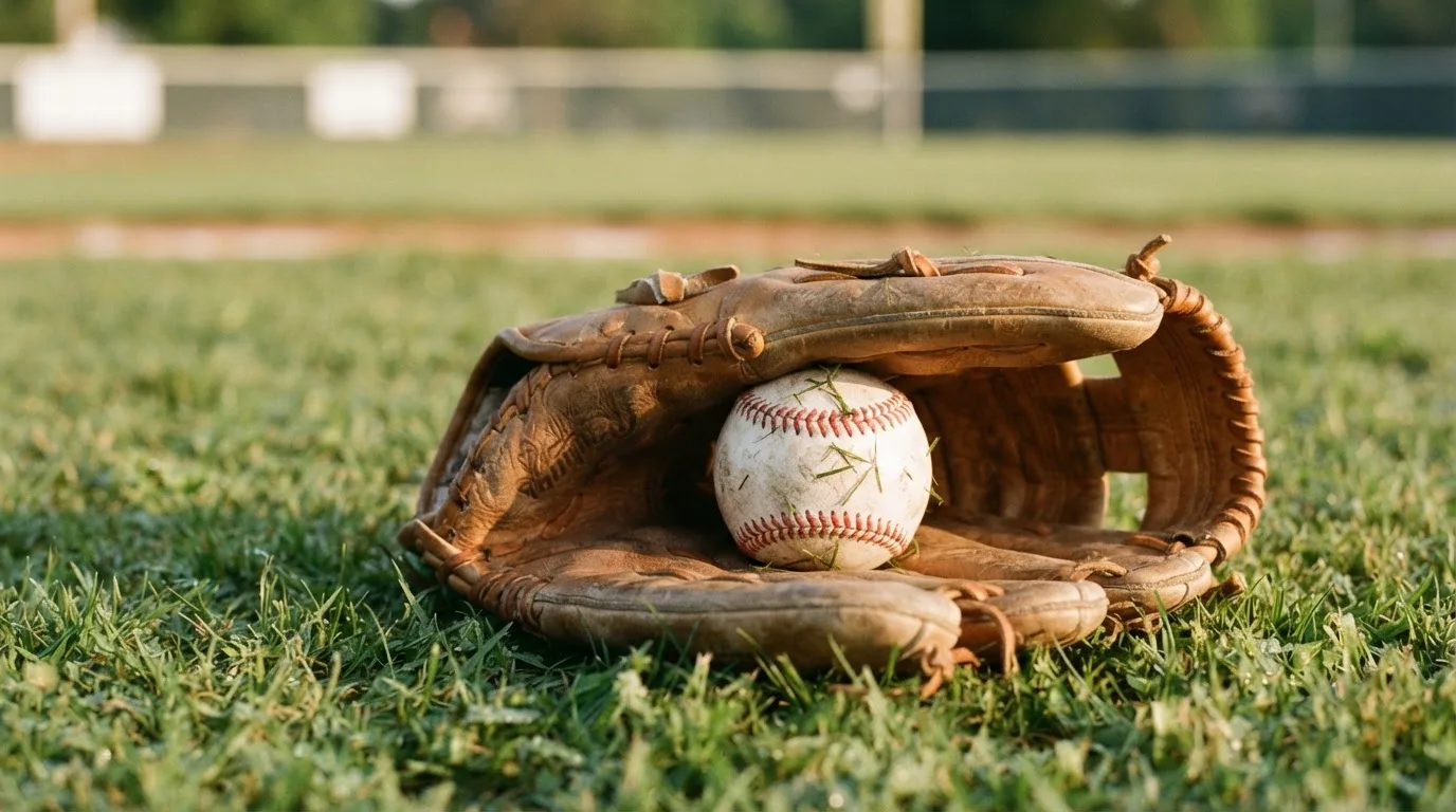 Ein weißer Baseball und ein Lederhandschuh liegen auf kurz geschnittenem Gras, im Hintergrund eine verschwommene Spielfeldbande.