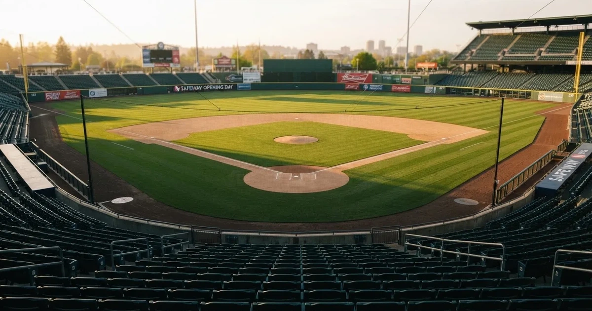 Ein Baseballfeld mit dem hellbraunen Infield und gepflegtem Rasen, von der Tribüne aus gesehen, die Ränge leer, tiefe Abendsonne.