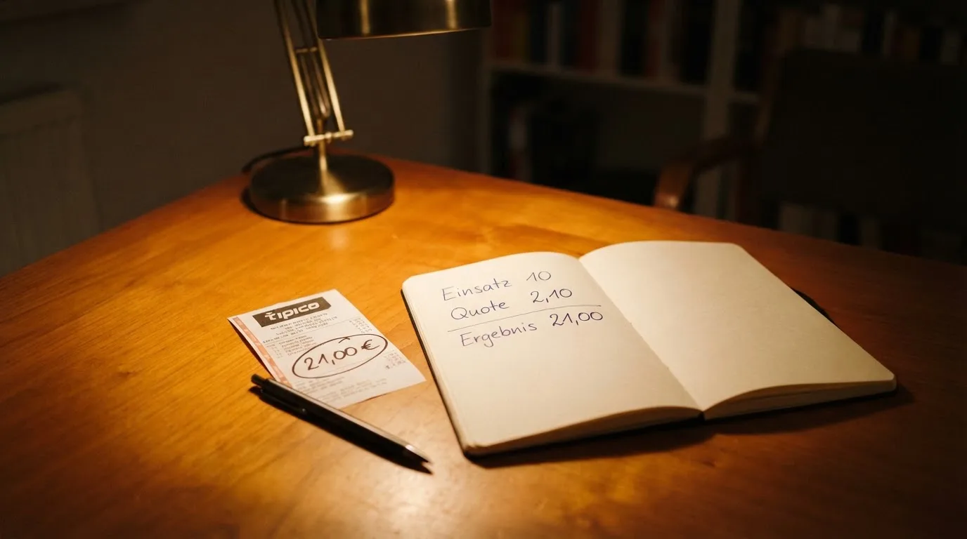 Ein leerer Papierwettschein, ein Kugelschreiber und ein Taschenrechner liegen auf einem Holztisch, warmes Licht einer Schreibtischlampe.