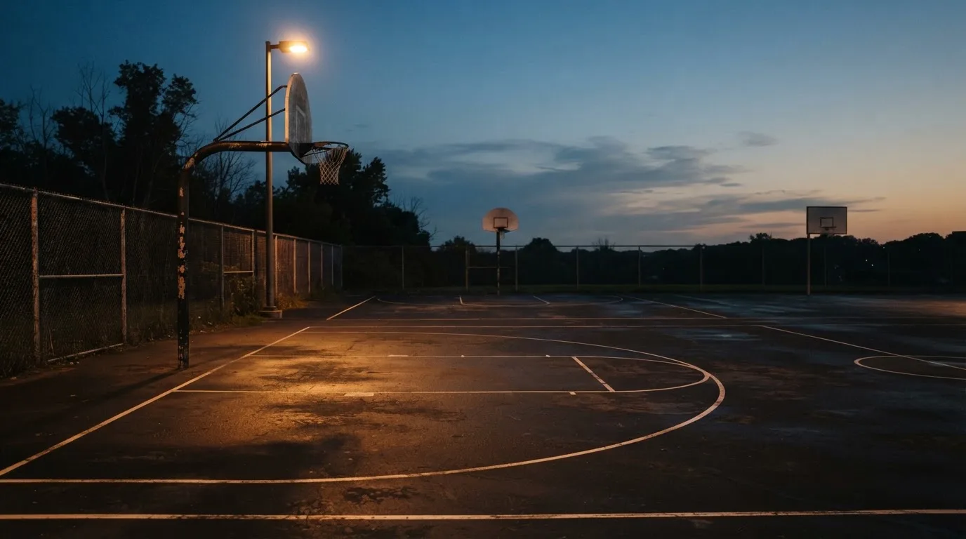 Ein Freiluft-Basketballplatz am Abend mit Asphalt, Linien und zwei Körben unter einer Straßenlaterne.