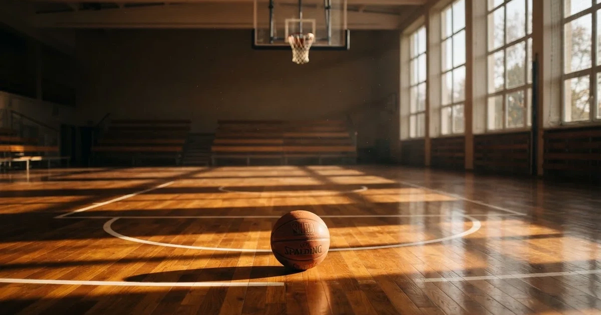 Ein Basketball liegt unter dem Korb auf dem Parkett einer leeren Sporthalle, Licht fällt durch hohe Fenster.