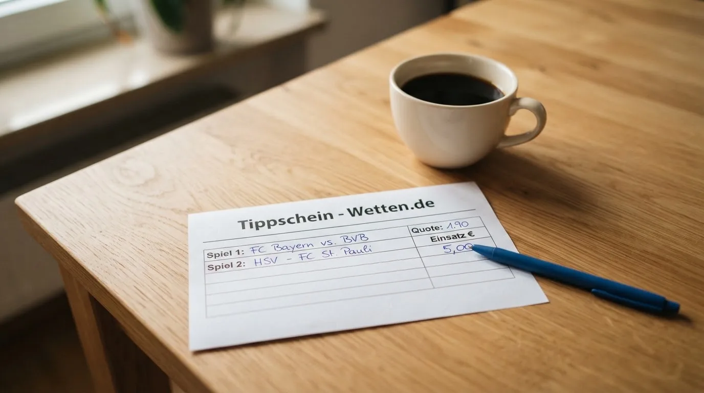 Ein leerer Wettschein aus Papier liegt neben einem Kugelschreiber und einer Tasse auf einem hellen Holztisch.
