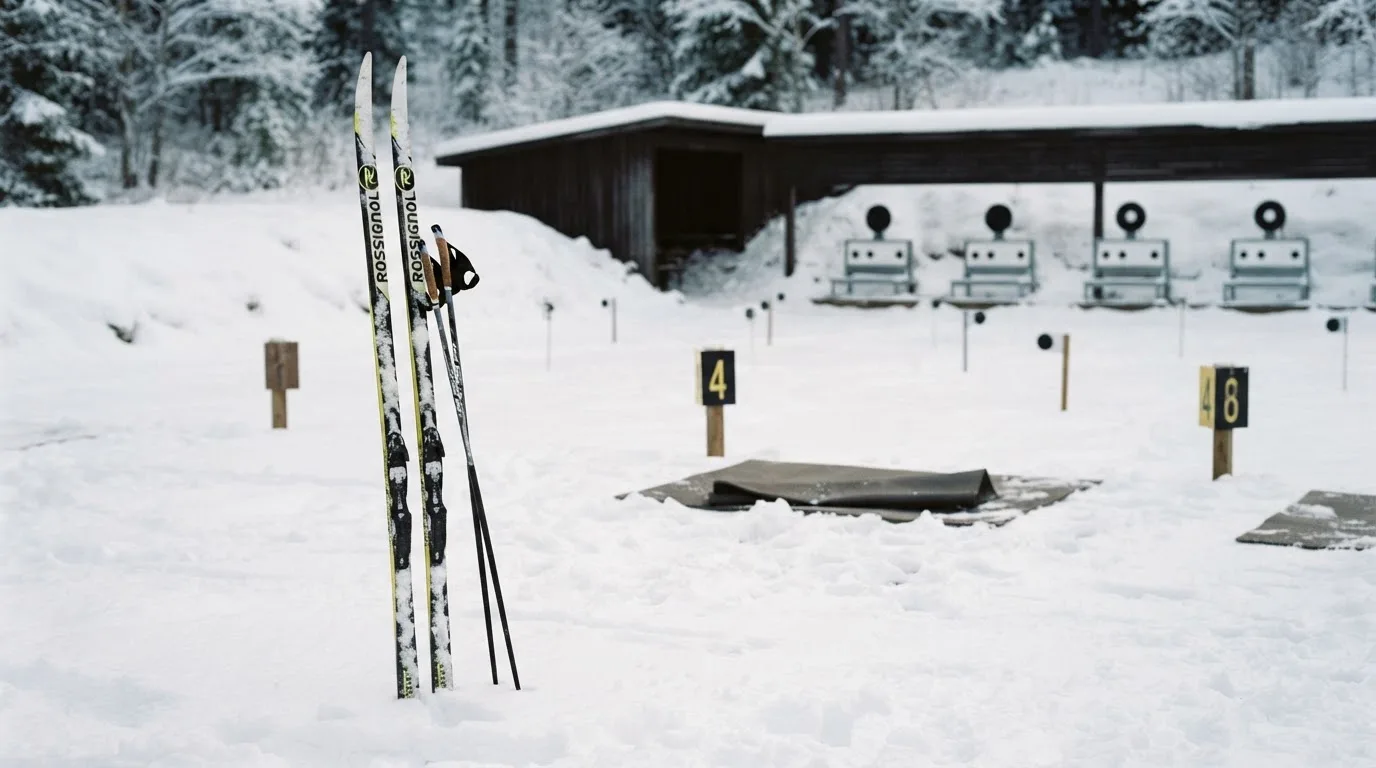 Ein Paar Langlaufskier steckt aufrecht im Schnee neben einem leeren Schießstand mit runden Zielscheiben, kaltes Winterlicht.