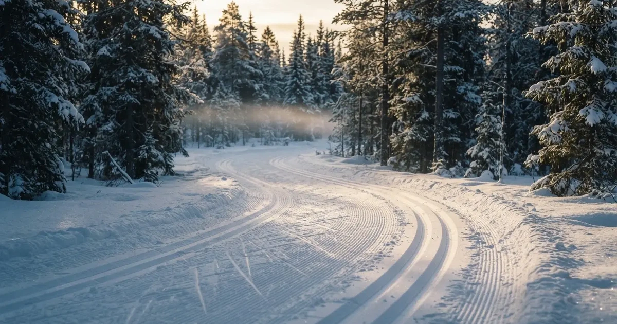 Eine verschneite Loipe zwischen Fichten im Morgenlicht, frische Spuren im Schnee, kein Mensch zu sehen.