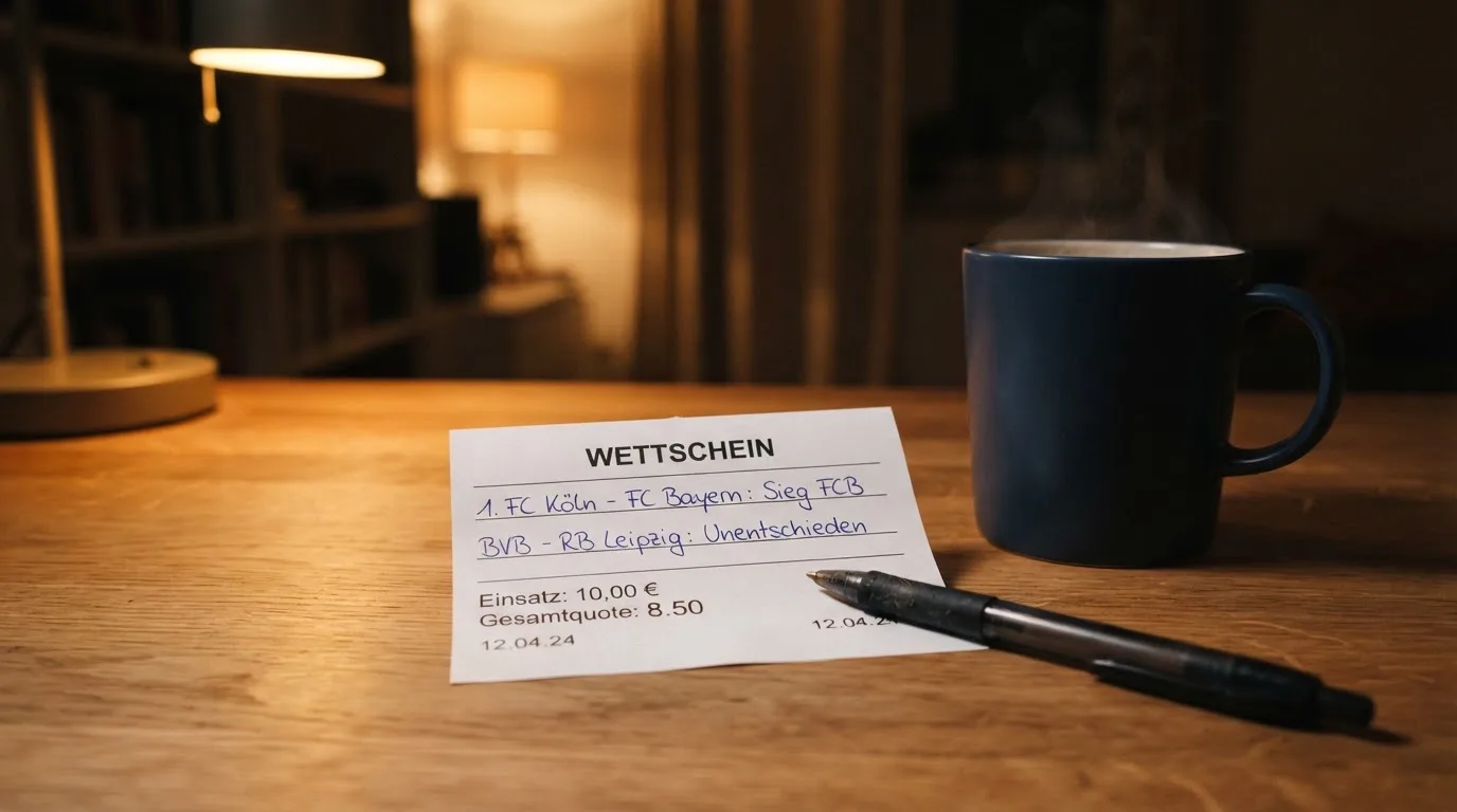 Ein leerer Papierwettschein und ein Kugelschreiber liegen auf einem Holztisch neben einer Tasse, warmes Licht einer Lampe.