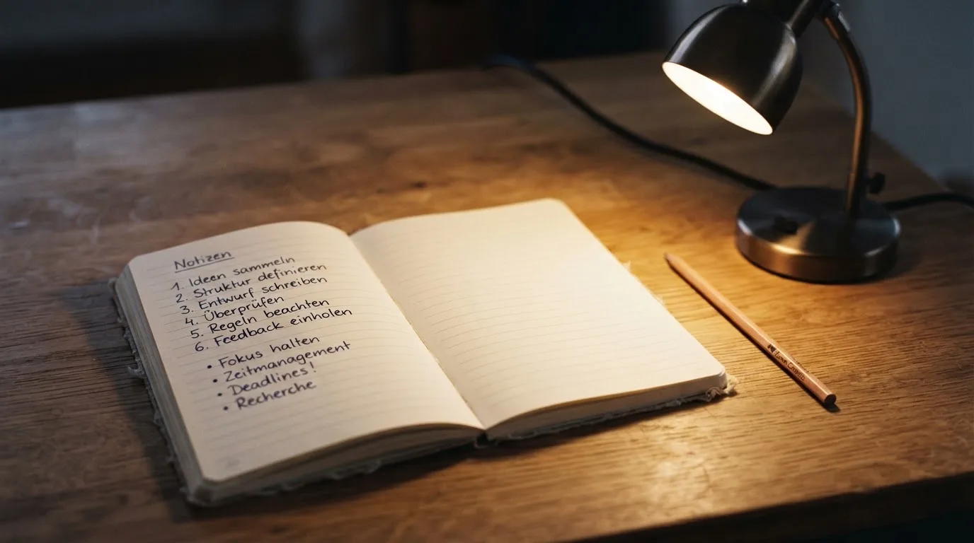 Ein Notizbuch mit handschriftlichen Notizen und ein Bleistift liegen neben einer Tischlampe auf einem Schreibtisch, ruhiges Abendlicht.