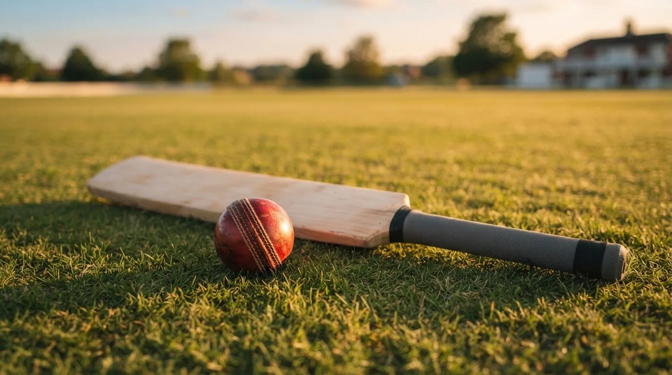 Ein Cricketschläger aus hellem Holz und ein roter Lederball liegen auf kurzem Rasen, weiches Abendlicht.
