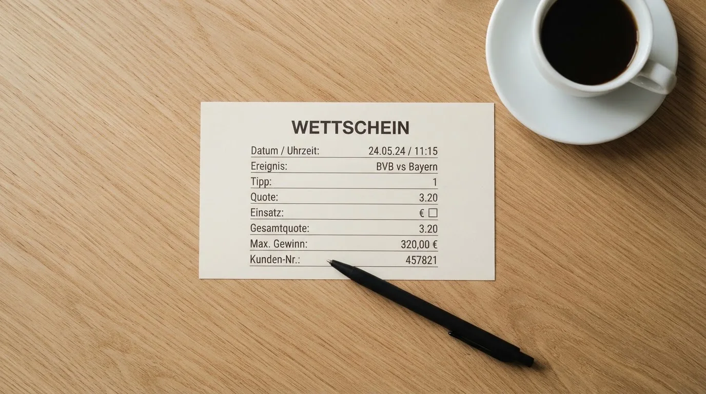 Ein leerer Wettschein aus Papier liegt neben einem Kugelschreiber und einer Tasse auf einem hellen Holztisch.