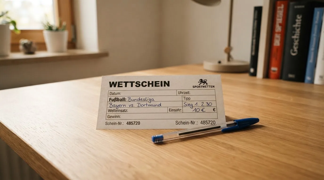 Ein leerer Papierwettschein und ein Kugelschreiber liegen auf einem aufgeräumten Schreibtisch, weiches Licht von einem Fenster.